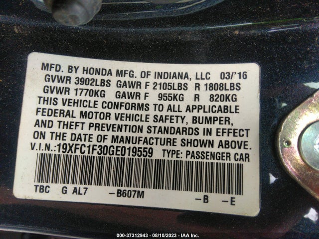 2016 HONDA CIVIC SEDAN EX-T VIN: 19XFC1F30GE019559