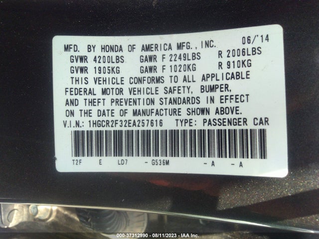 Honda Accord Sedan Lx 2014 1HGCR2F32EA257616 Image 9