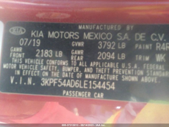 3KPF54AD6LE154454 KIA FORTE EX
