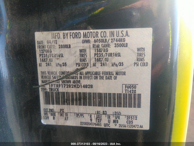 2002 FORD F-150 XL/XLT VIN: 1FTRF17282KD14828
