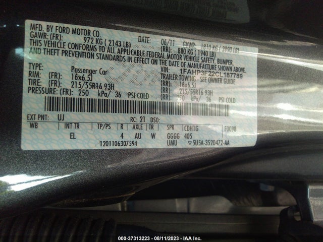 2012 Ford Focus Se მანქანა იყიდება აუქციონზე, vin: 1FAHP3F22CL187789, აუქციონის ნომერი: 37313223