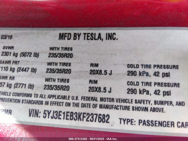 Tesla Model 3 Long Range/performance 2019 5YJ3E1EB3KF237682 Image 17