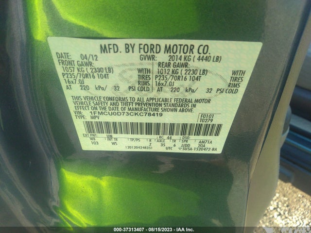 2012 FORD ESCAPE XLT VIN: 1FMCU0D73CKC78419