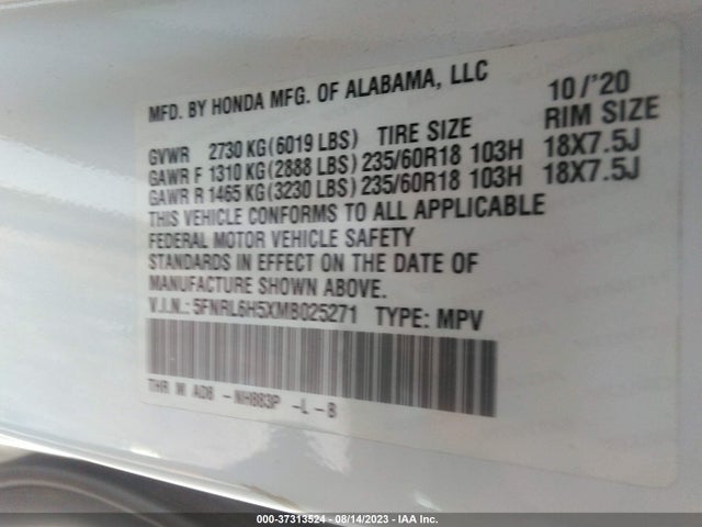 Honda ODYSSEY EX 2021 5FNRL6H5XMB025271 Image 9
