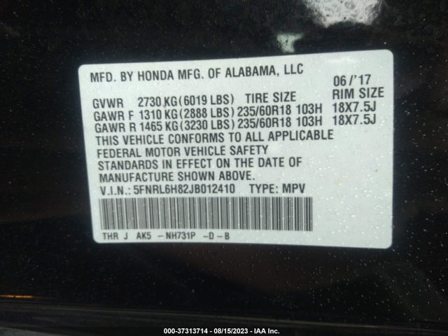 Honda Odyssey Touring 2018 5FNRL6H82JB012410 Image 9