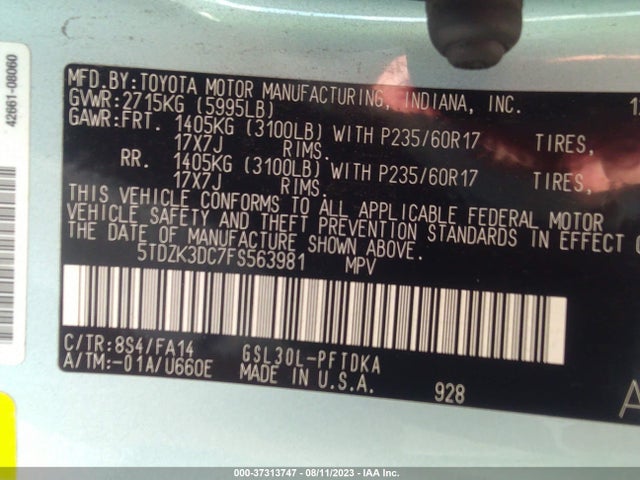 2015 TOYOTA SIENNA L VIN: 5TDZK3DC7FS563981