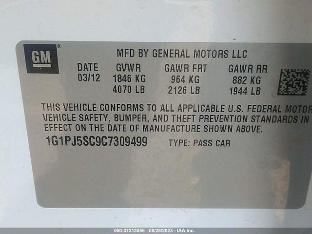 2012 CHEVROLET CRUZE ECO VIN: 1G1PJ5SC9C7309499