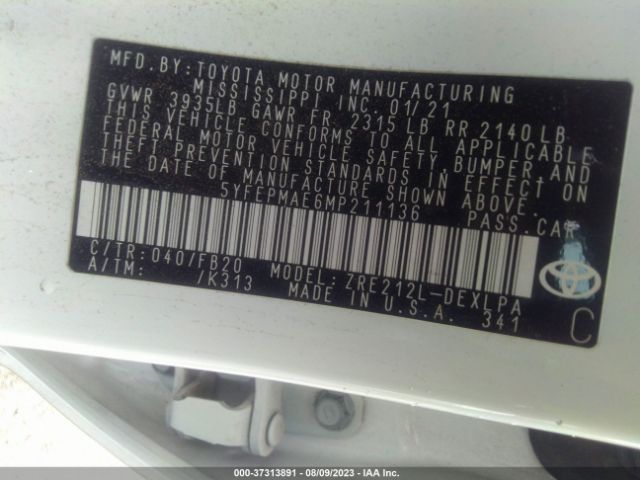 5YFEPMAE6MP211136 Toyota COROLLA LE