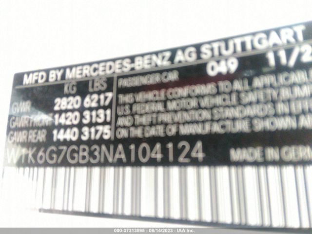 W1K6G7GB3NA104124 Mercedes-Benz S-class S 580