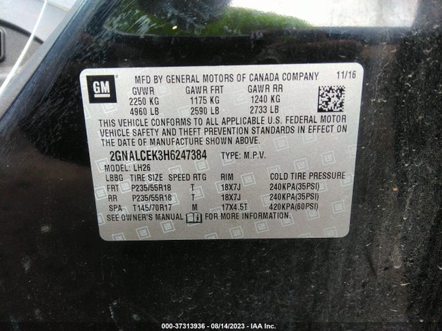 2017 CHEVROLET EQUINOX LT VIN: 2GNALCEK3H6247384
