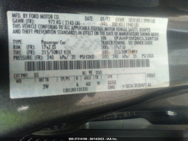 2012 FORD FOCUS SEL VIN: 1FAHP3M26CL326728