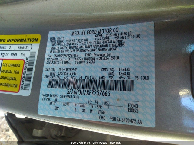 Ford FUSION SE 2015 3FA6P0H7XFR237665 Image 15