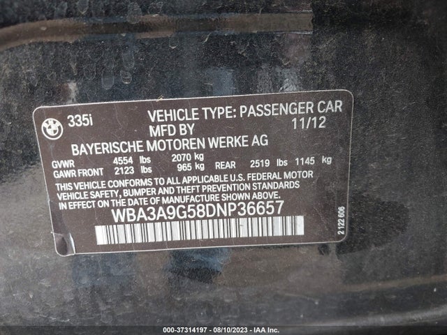 2013 BMW 3 SERIES 335I VIN: WBA3A9G58DNP36657