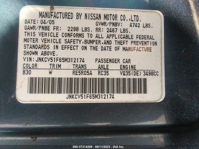 2005 INFINITI G35 SEDAN VIN: JNKCV51F65M312174