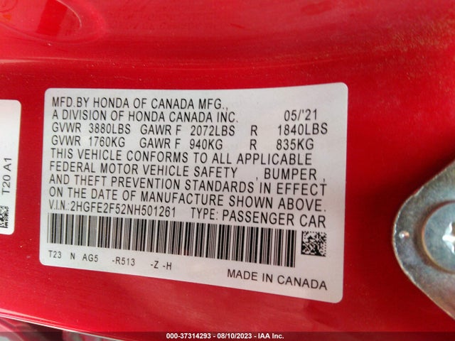 2022 HONDA CIVIC SEDAN SPORT VIN: 2HGFE2F52NH501261