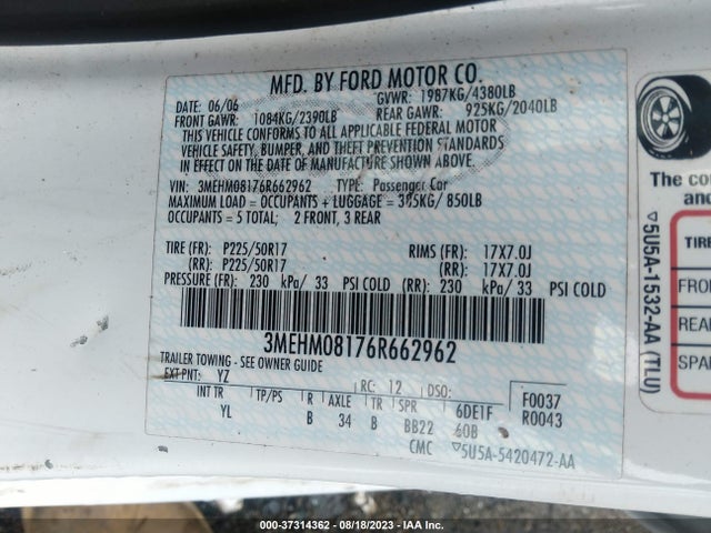 2006 MERCURY MILAN PREMIER VIN: 3MEHM08176R662962