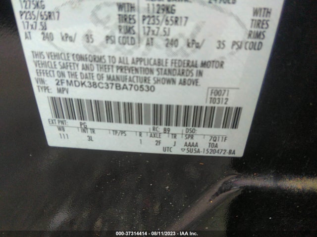 2007 FORD EDGE SEL VIN: 2FMDK38C37BA70530