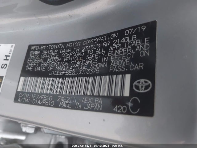 Toyota Corolla Hybrid Le 2020 JTDEBRBE2LJ013375 Image 9