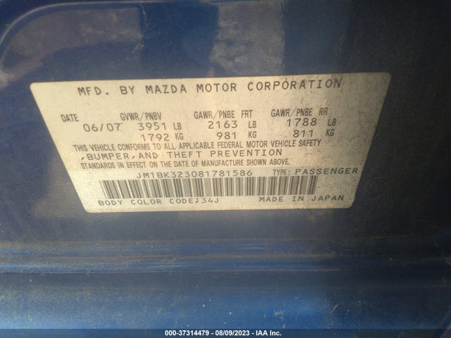 Aukcja sprzedaży 2008 Mazda Mazda3 S Touring *ltd Avail*, vin: JM1BK323081781586, numer aukcji: 37314479