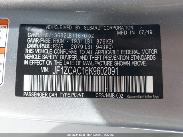 2019 Subaru BRZ, VIN: JF1ZCAC16K9602091