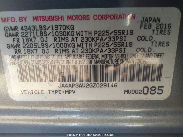 JA4AP3AU2GZ029146 Mitsubishi Outlander Sport 2.0 Es
