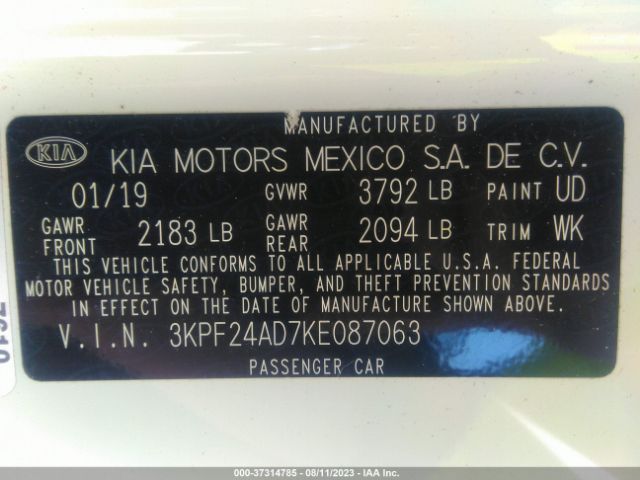3KPF24AD7KE087063 KIA Forte Lxs