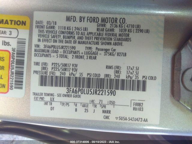 3FA6P0LU5JR221590 Ford Fusion Hybrid Se