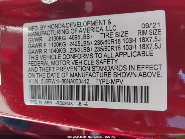2022 HONDA CR-V 2WD EX-L VIN: 5J6RW1H88NA000412
