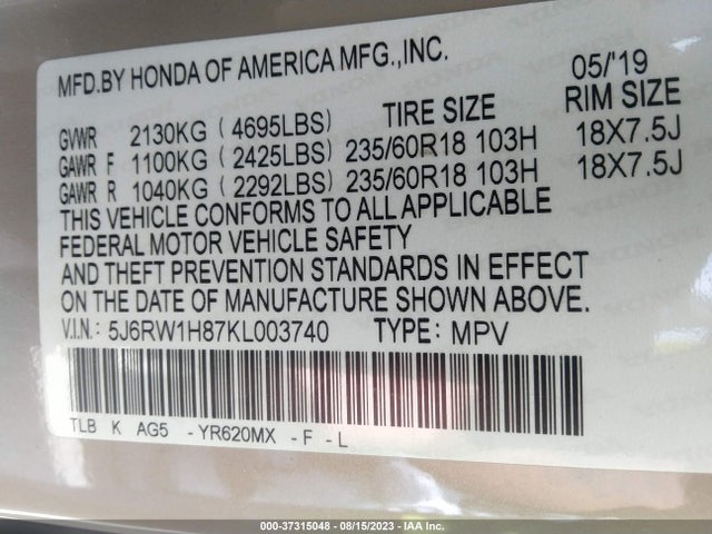Honda Cr-v Ex-l 2019 5J6RW1H87KL003740 Image 9