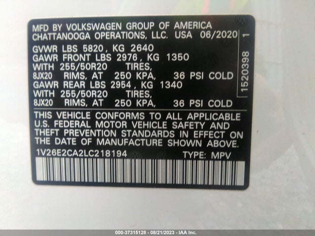 1V26E2CA2LC218194 Volkswagen Atlas Cross Sport 3.6l V6 Se W/technology