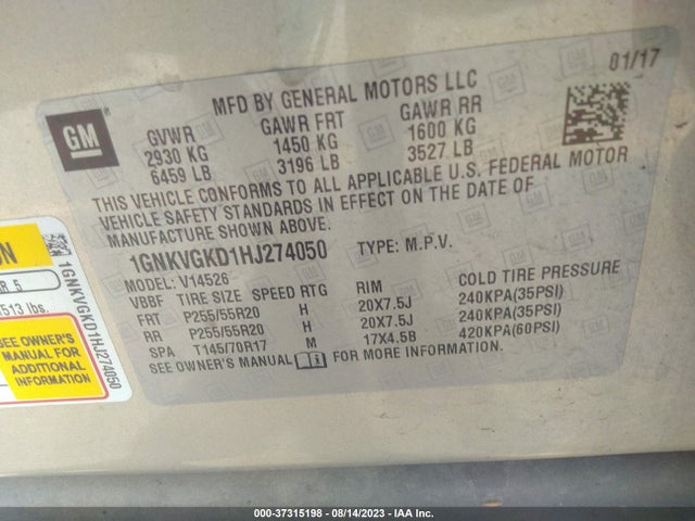 Chevrolet Traverse Lt 2017 1GNKVGKD1HJ274050 Image 9