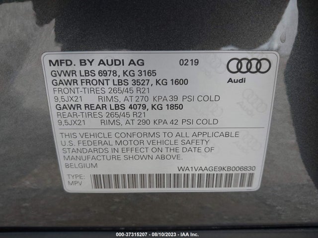 2019 Audi e-tron, VIN: WA1VAAGE9KB006830
