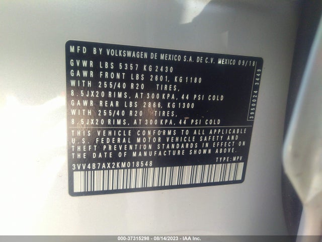 3VV4B7AX2KM018548 Volkswagen Tiguan Sel Premium