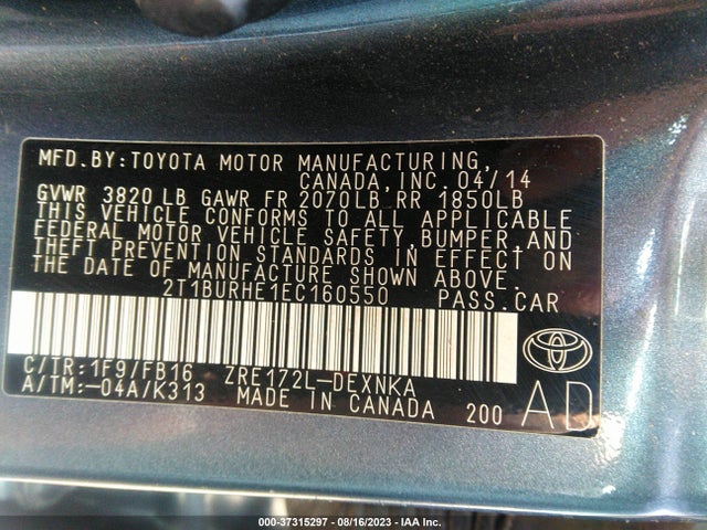 Продажа на аукционе авто 2014 Toyota Corolla L/le/s/s Plus/le Plus, vin: 2T1BURHE1EC160550, номер лота: 37315297