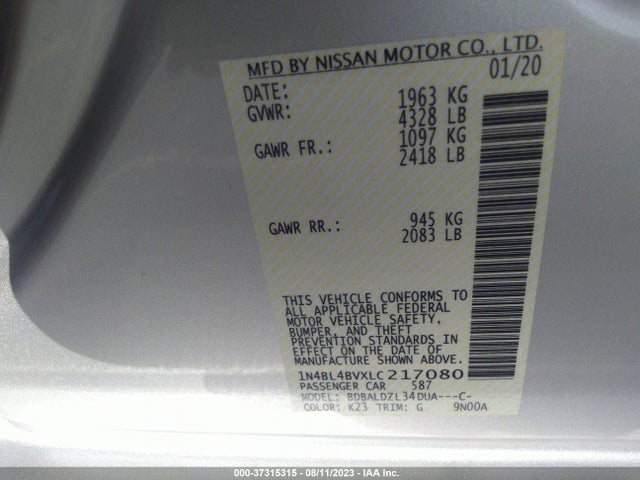2020 NISSAN ALTIMA 2.5 S VIN: 1N4BL4BVXLC217080
