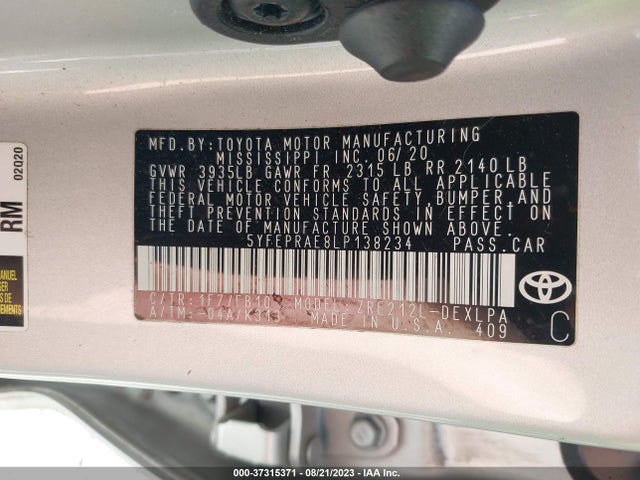Toyota COROLLA LE 2020 5YFEPRAE8LP138234 Image 9