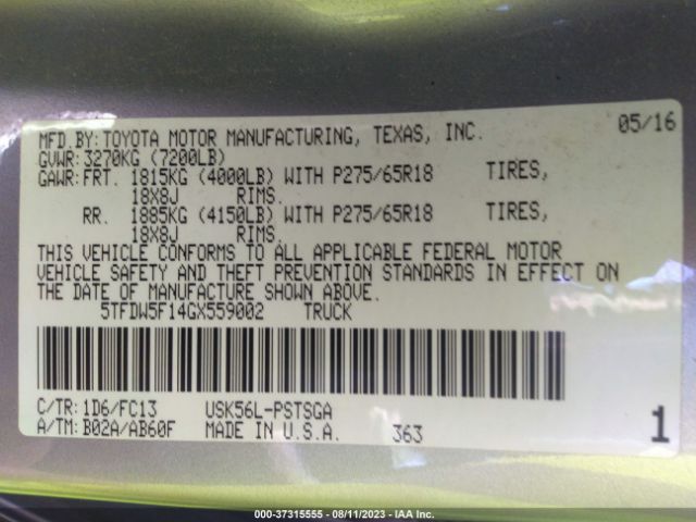 2016 TOYOTA TUNDRA 5TFDW5F14GX559002 Photo 8