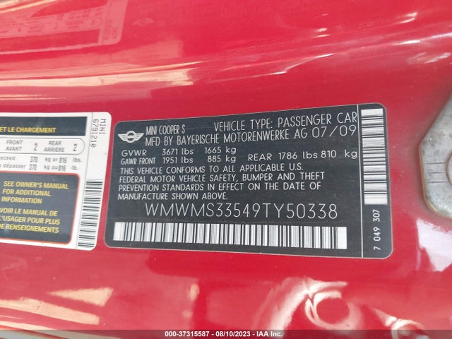2009 MINI COOPER CONVERTIBLE WMWMS33549TY50338 Photo 8