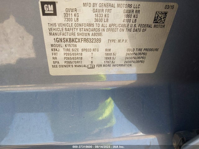 Chevrolet Tahoe Lt 2015 1GNSKBKCXFR632389 Image 9