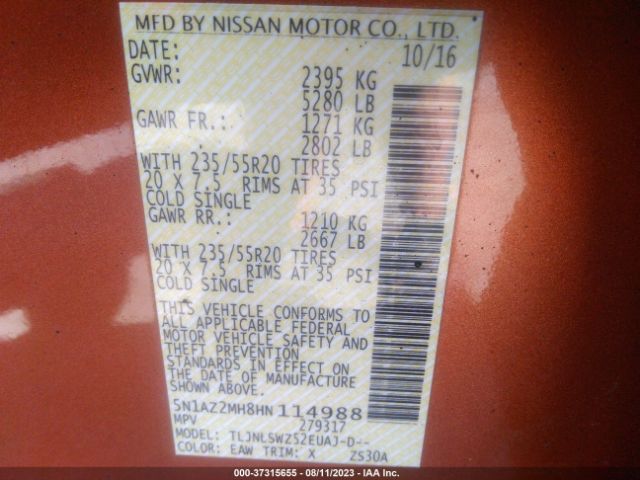 5N1AZ2MH8HN114988 Nissan Murano Platinum