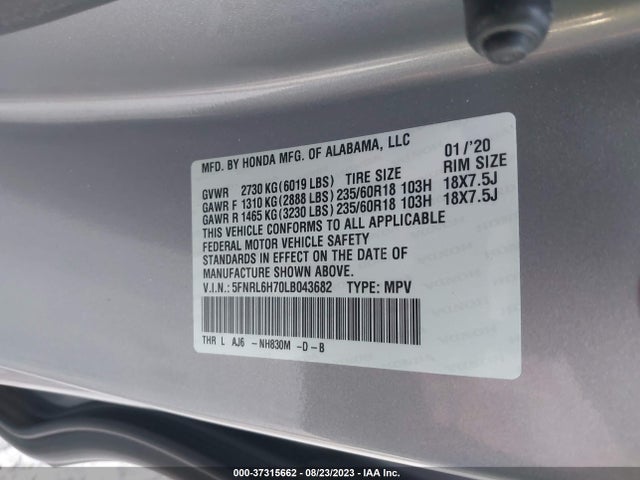 Honda Odyssey Ex-l 2020 5FNRL6H70LB043682 Image 9