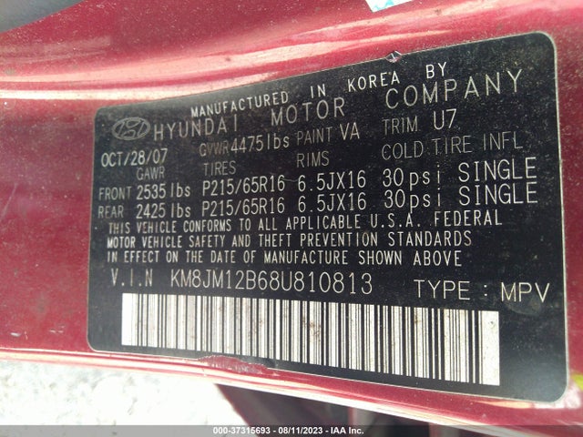 2008 HYUNDAI TUCSON GLS VIN: KM8JM12B68U810813