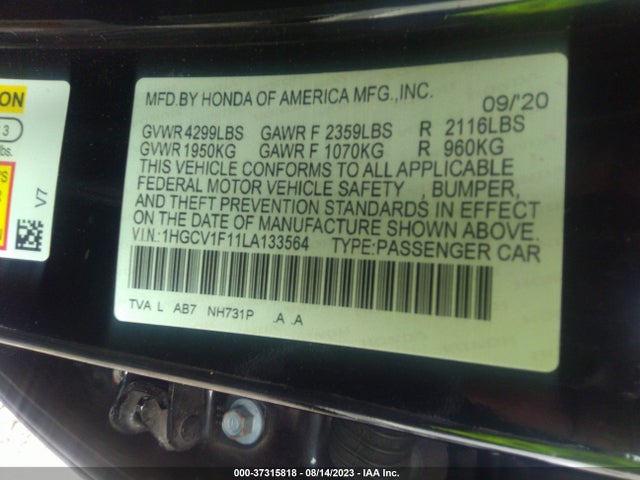 2020 Honda Accord Lx მანქანა იყიდება აუქციონზე, vin: 1HGCV1F11LA133564, აუქციონის ნომერი: 37315818