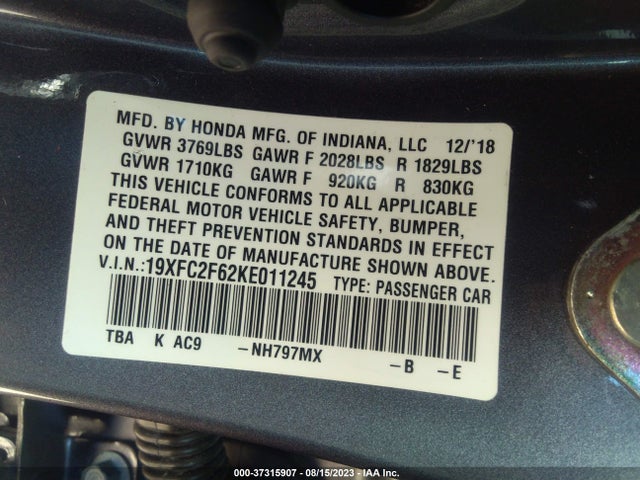 Honda Civic Sedan Lx 2019 19XFC2F62KE011245 Image 9