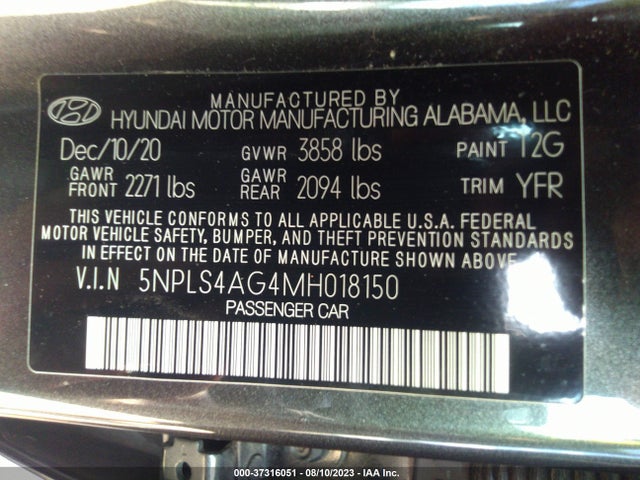 2021 HYUNDAI ELANTRA SEL VIN: 5NPLS4AG4MH018150