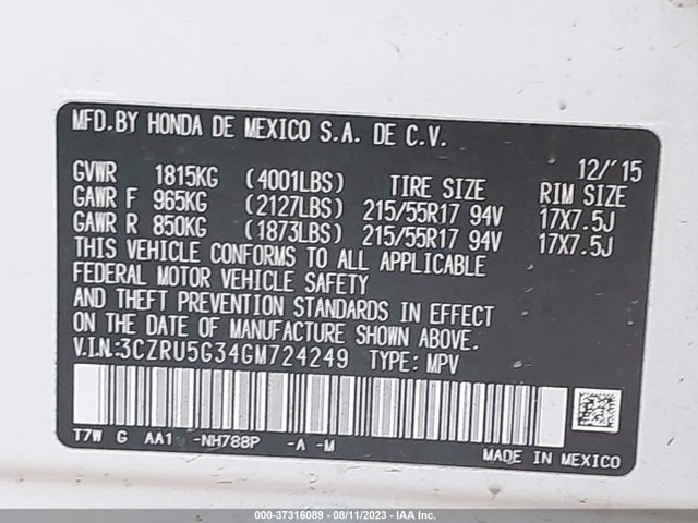 Honda HR-V LX 2016 3CZRU5G34GM724249 Image 9