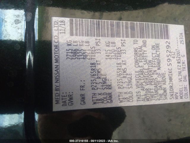 5N1DR2MM1KC595292 Nissan Pathfinder Sv