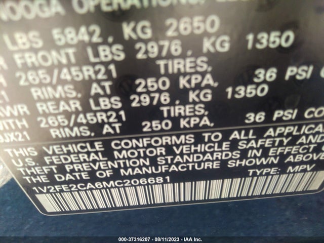 1V2FE2CA6MC206681 Volkswagen Atlas Cross Sport 3.6l V6 Sel Premium