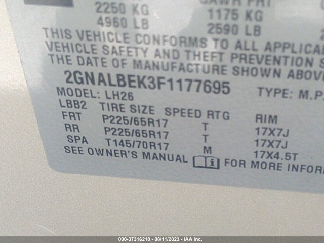 Chevrolet EQUINOX LT 2015 2GNALBEK3F1177695 Image 15