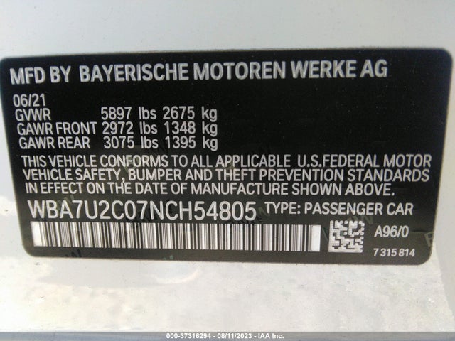 BMW 7 Series 750i Xdrive 2022 аукцион фото